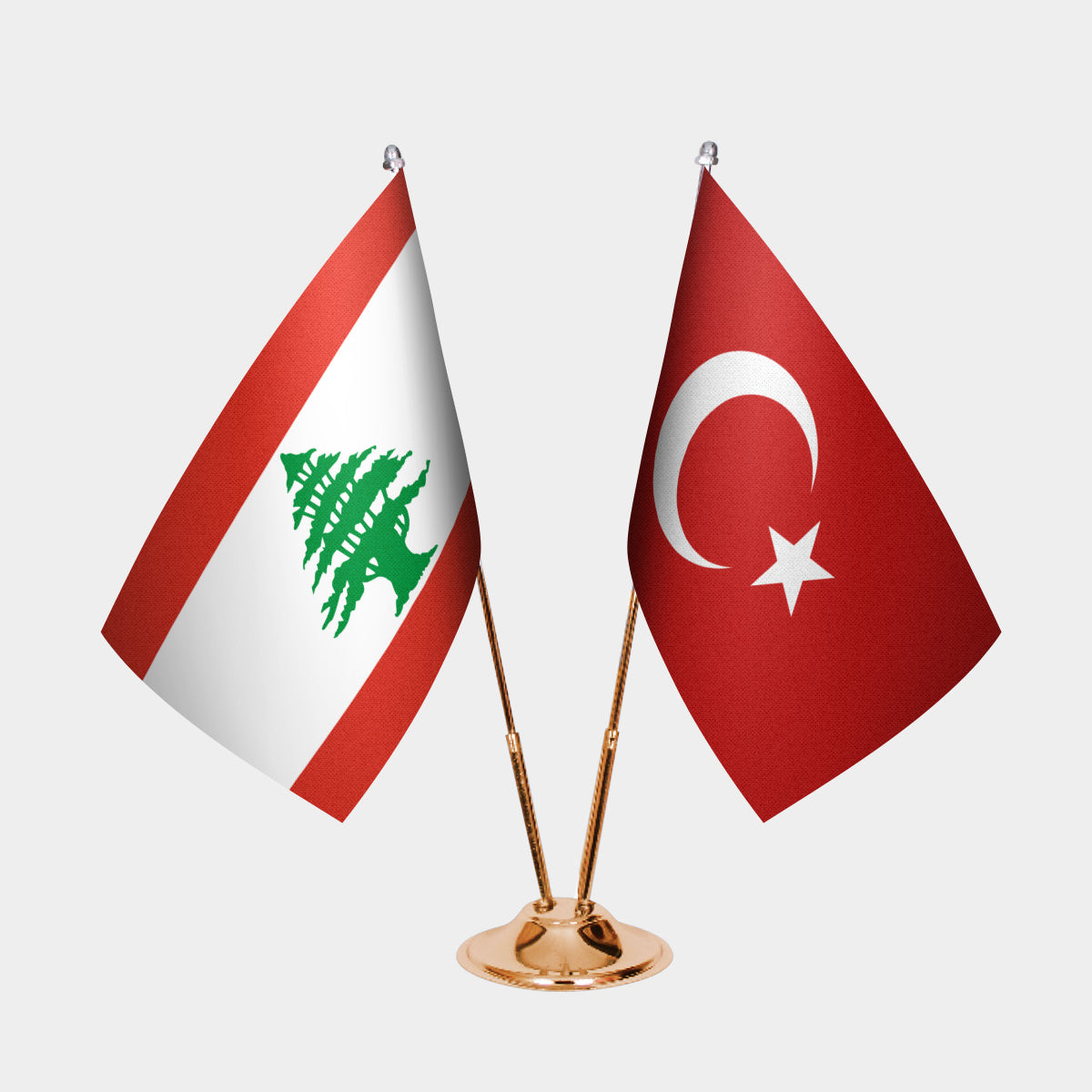 Lebanon and Turkey desk flag set with gold pole and base