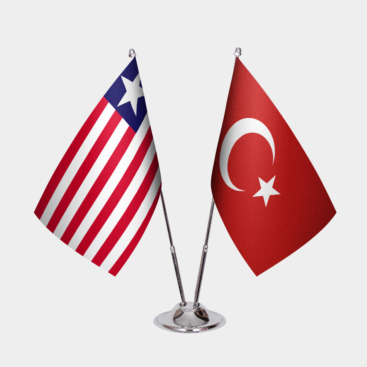 Liberia and Turkey desk flag set with chrome pole and base