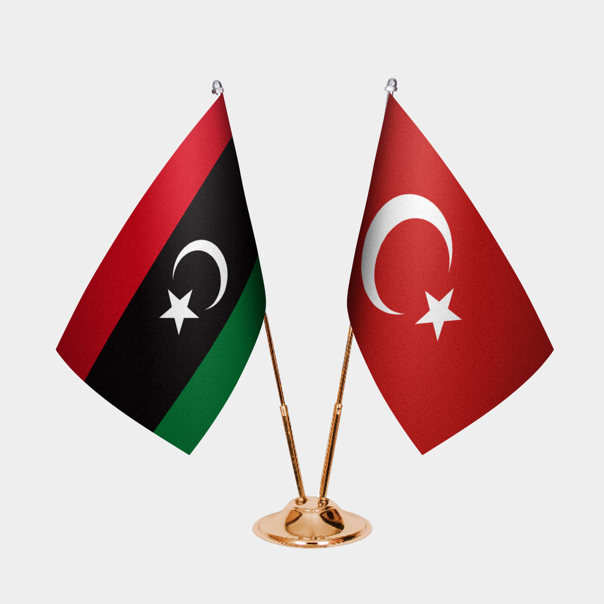 Libya and Turkey desk flag set with gold pole and base