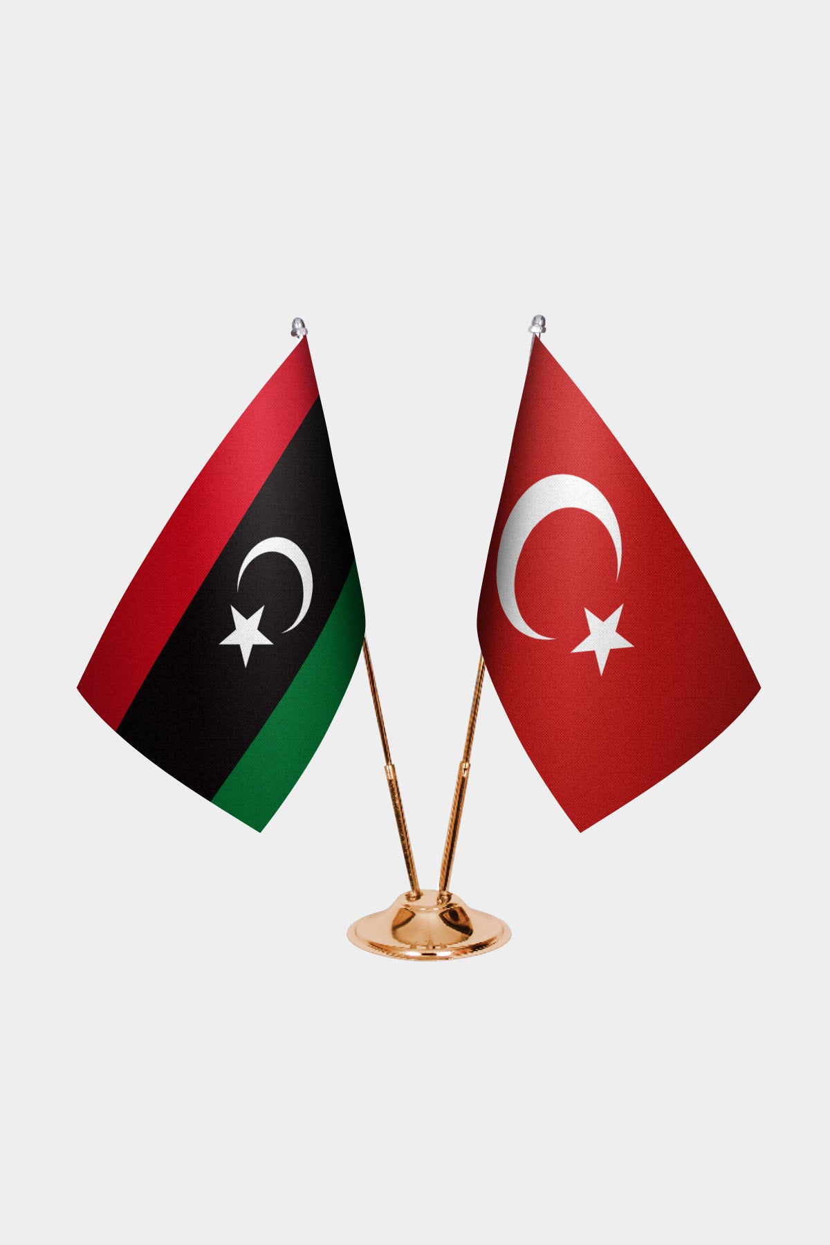 Libya and Turkey desk flag set with gold pole and base