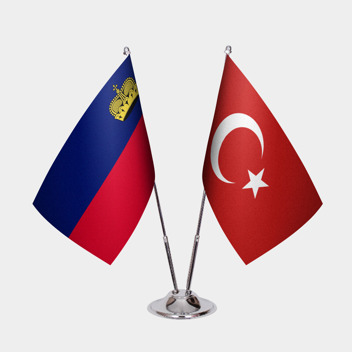 Liechtenstein and Turkey desk flag set with chrome pole and base