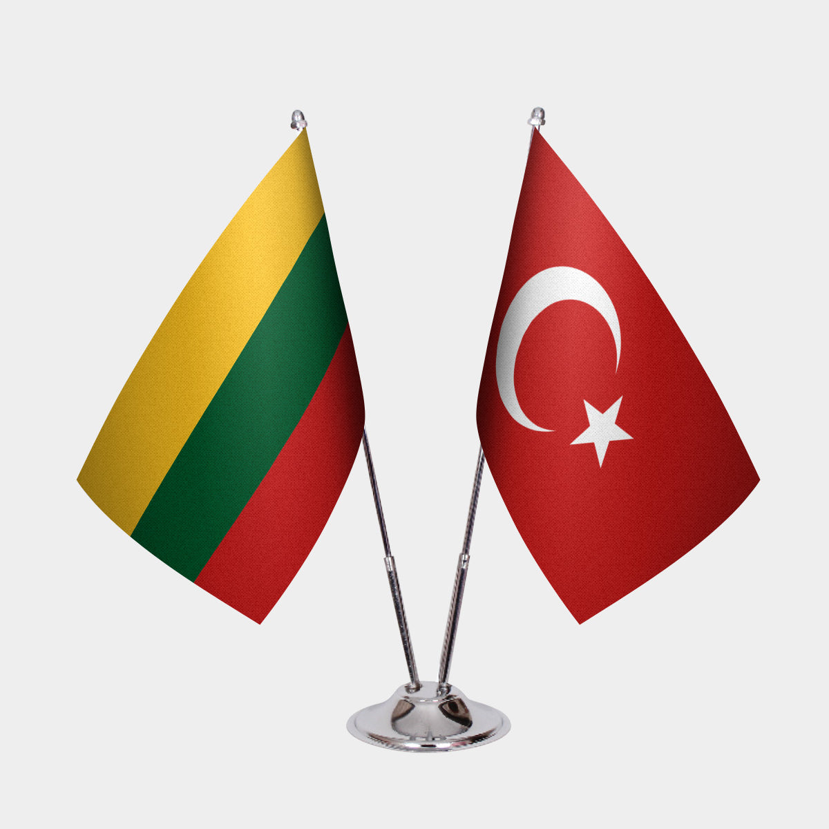Lithuania and Turkey desk flag set with chrome pole and base