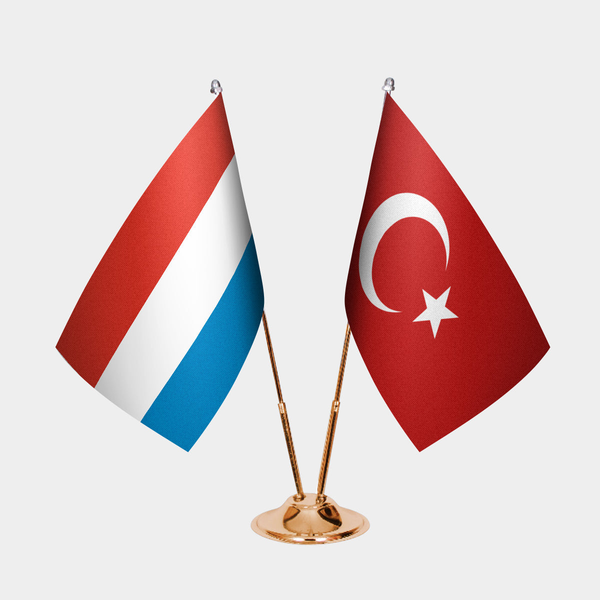 Luxembourg and Turkey desk flag set with gold pole and base