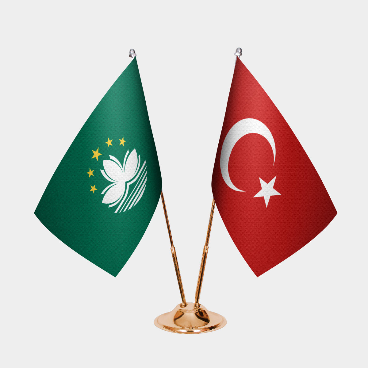 Macao and Turkey desk flag set with gold pole and base