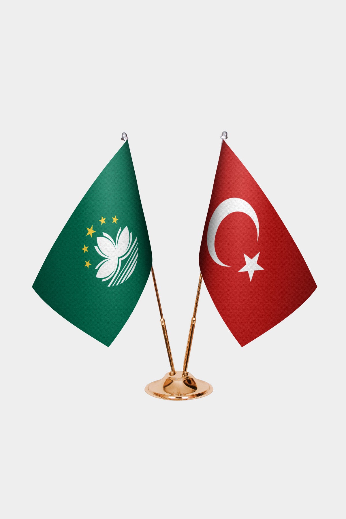 Macao and Turkey desk flag set with gold pole and base