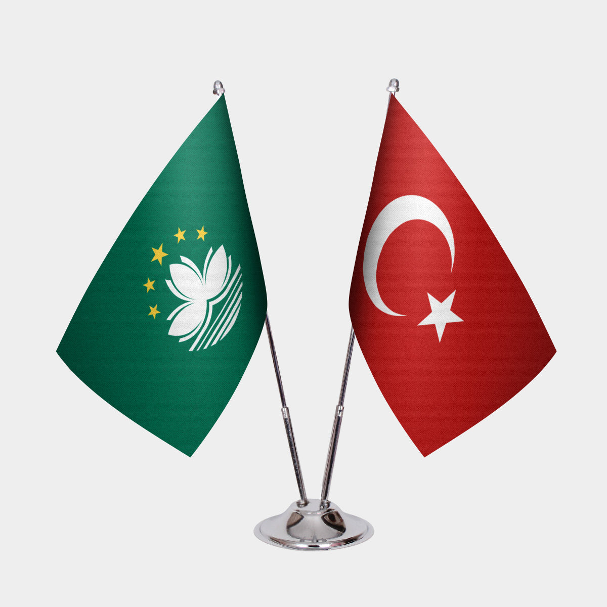 Macao and Turkey desk flag set with chrome pole and base
