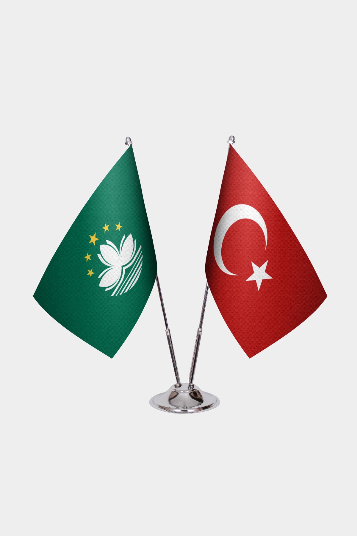 Macao and Turkey desk flag set with chrome pole and base