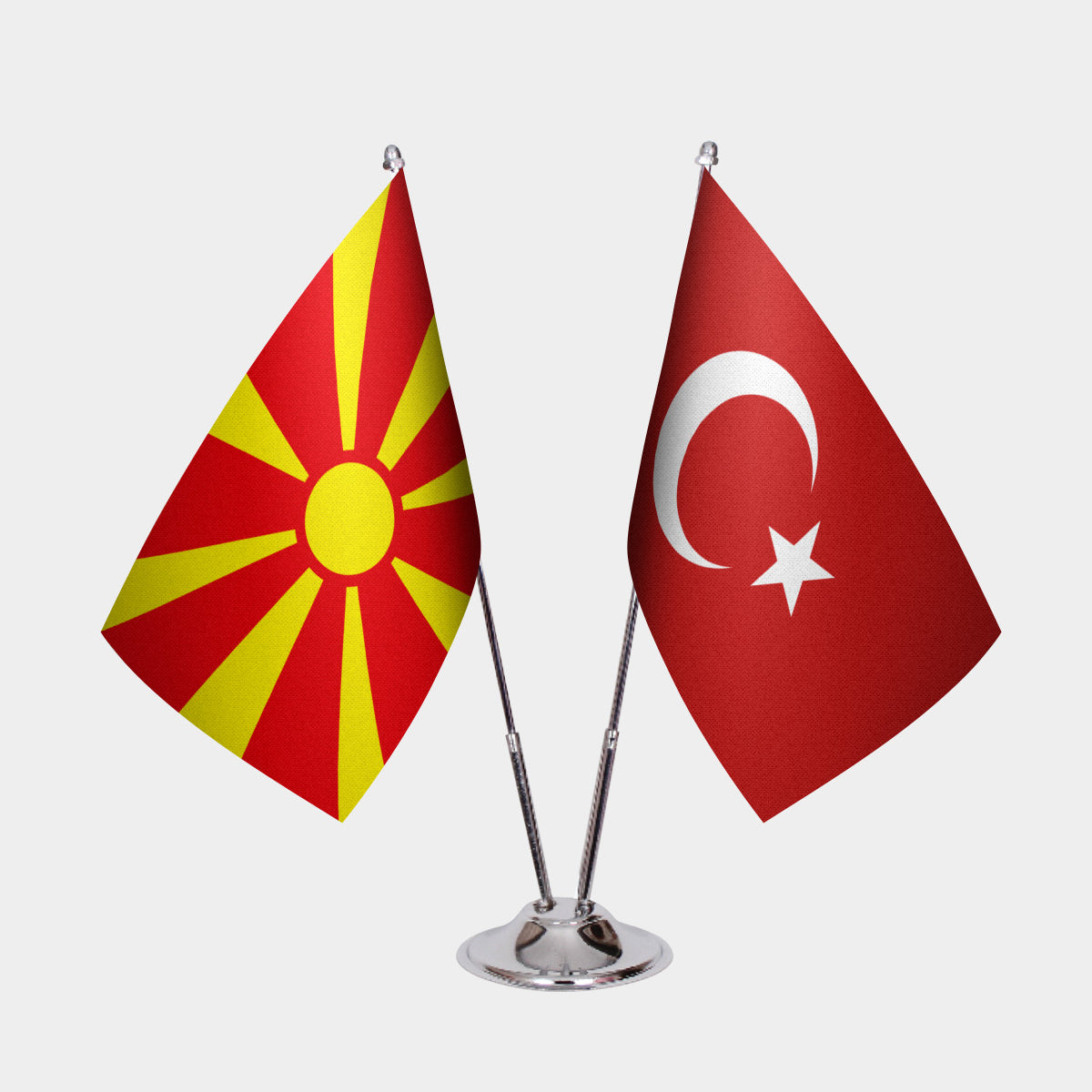 North Macedonia and Turkey desk flag set with chrome pole and base