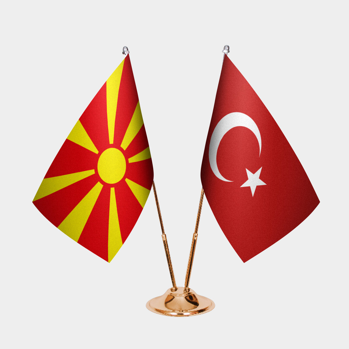 North Macedonia and Turkey desk flag set with gold pole and base