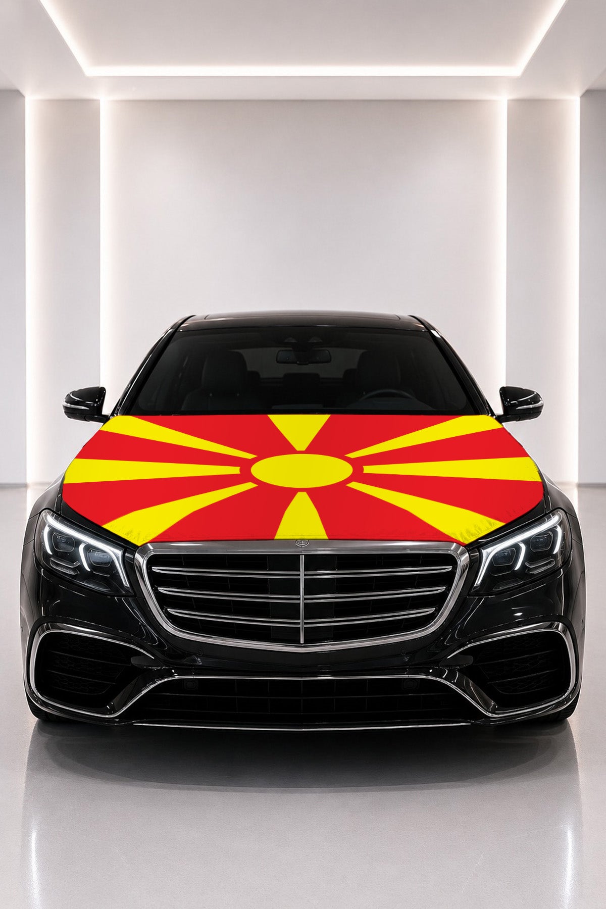 North Macedonia flag car hood cover fitted on a black car bonnet