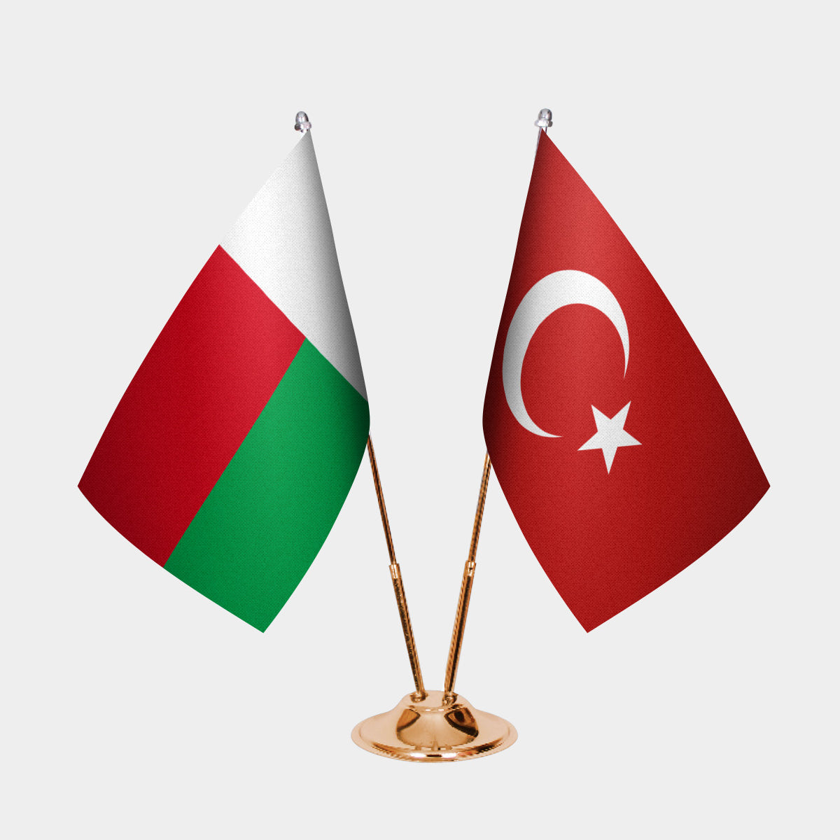 Madagascar and Turkey desk flag set with gold pole and base