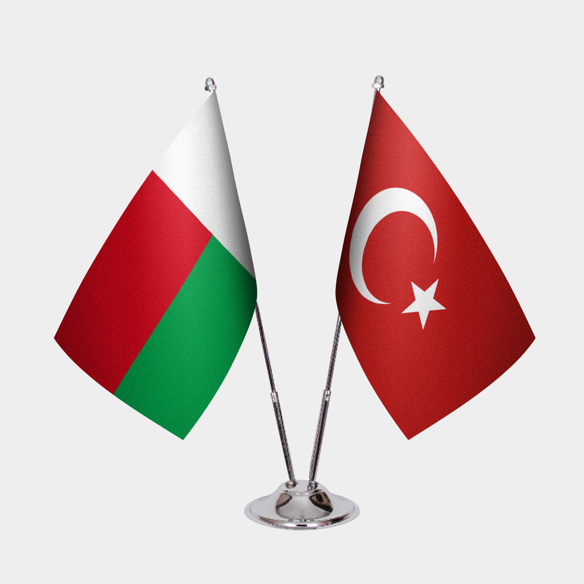 Madagascar and Turkey desk flag set with chrome pole and base