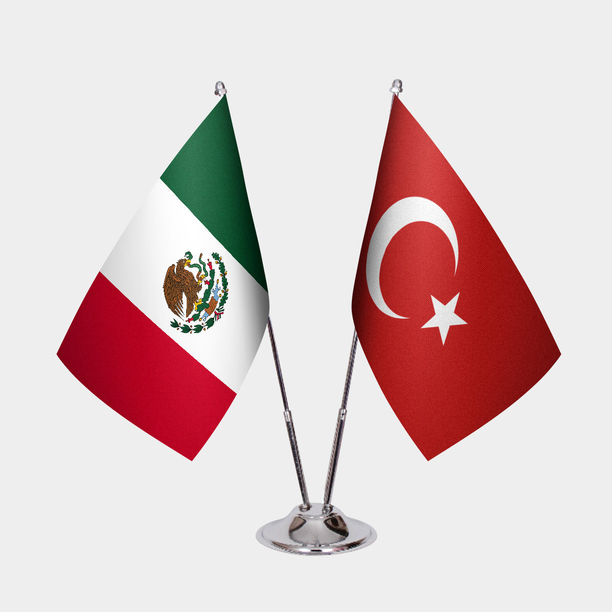 Mexico and Turkey desk flag set with chrome pole and base
