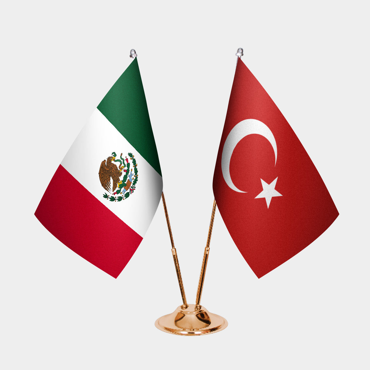 Mexico and Turkey desk flag set with gold pole and base