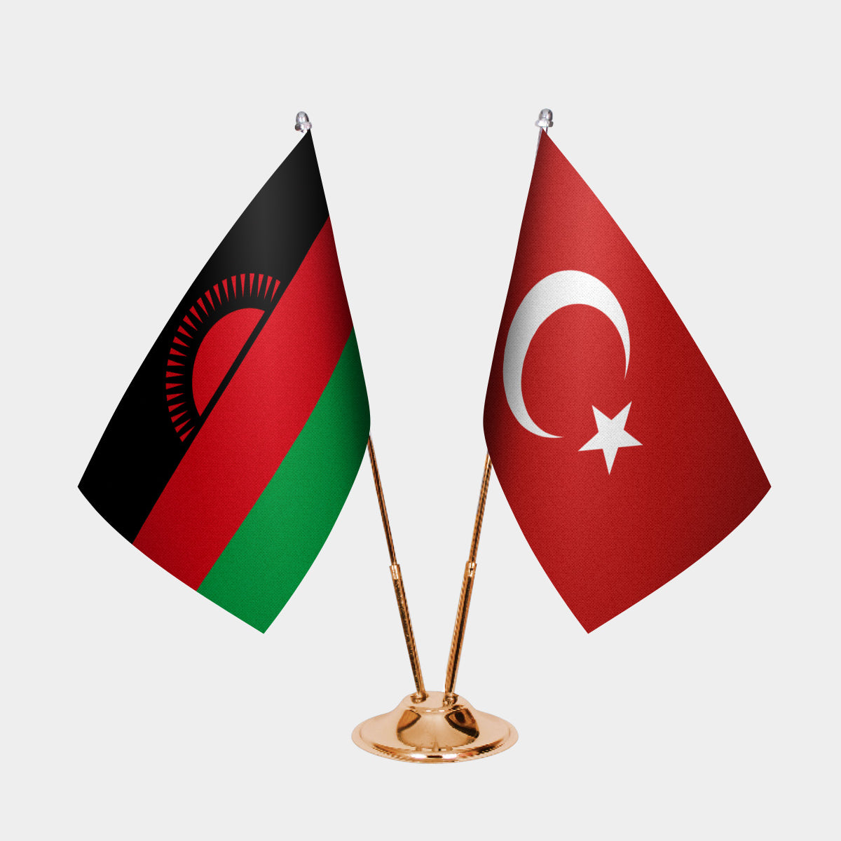 Malawi and Turkey desk flag set with gold pole and base