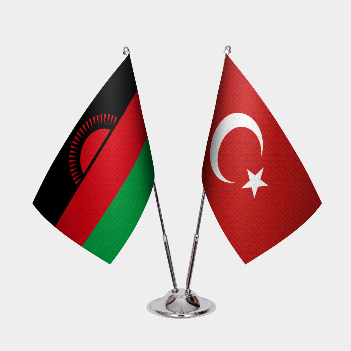 Malawi and Turkey desk flag set with chrome pole and base