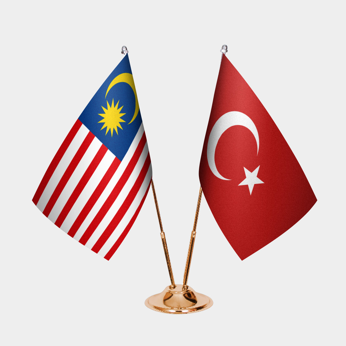 Malaysia and Turkey desk flag set with gold pole and base