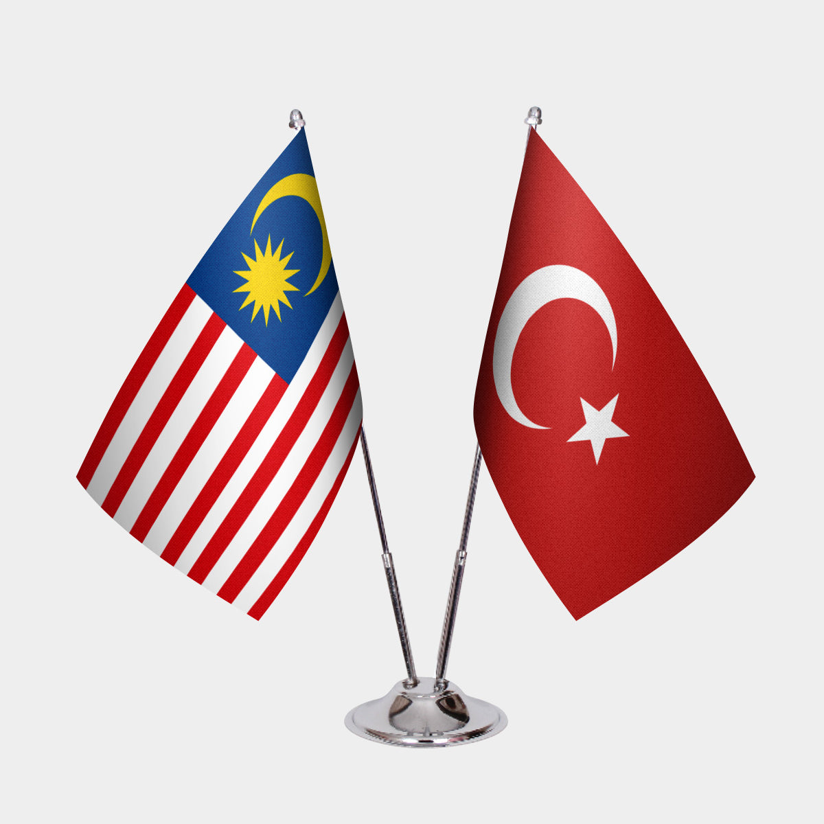 Malaysia and Turkey desk flag set with chrome pole and base