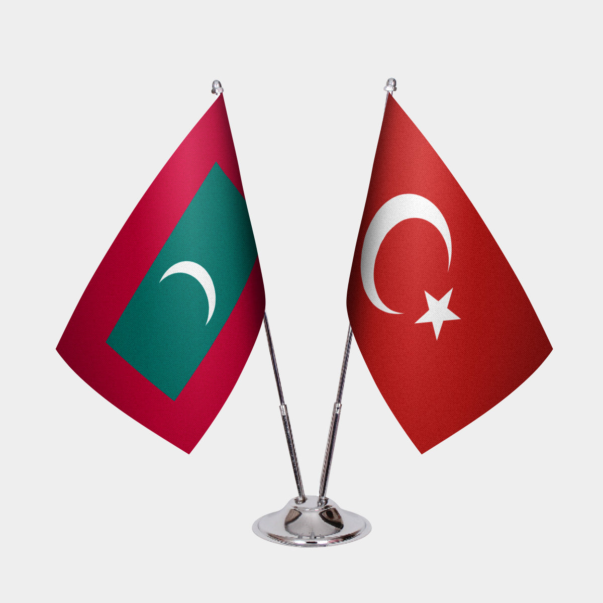 Maldives and Turkey desk flag set with chrome pole and base