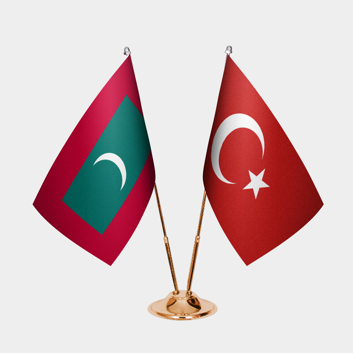 Maldives and Turkey desk flag set with gold pole and base