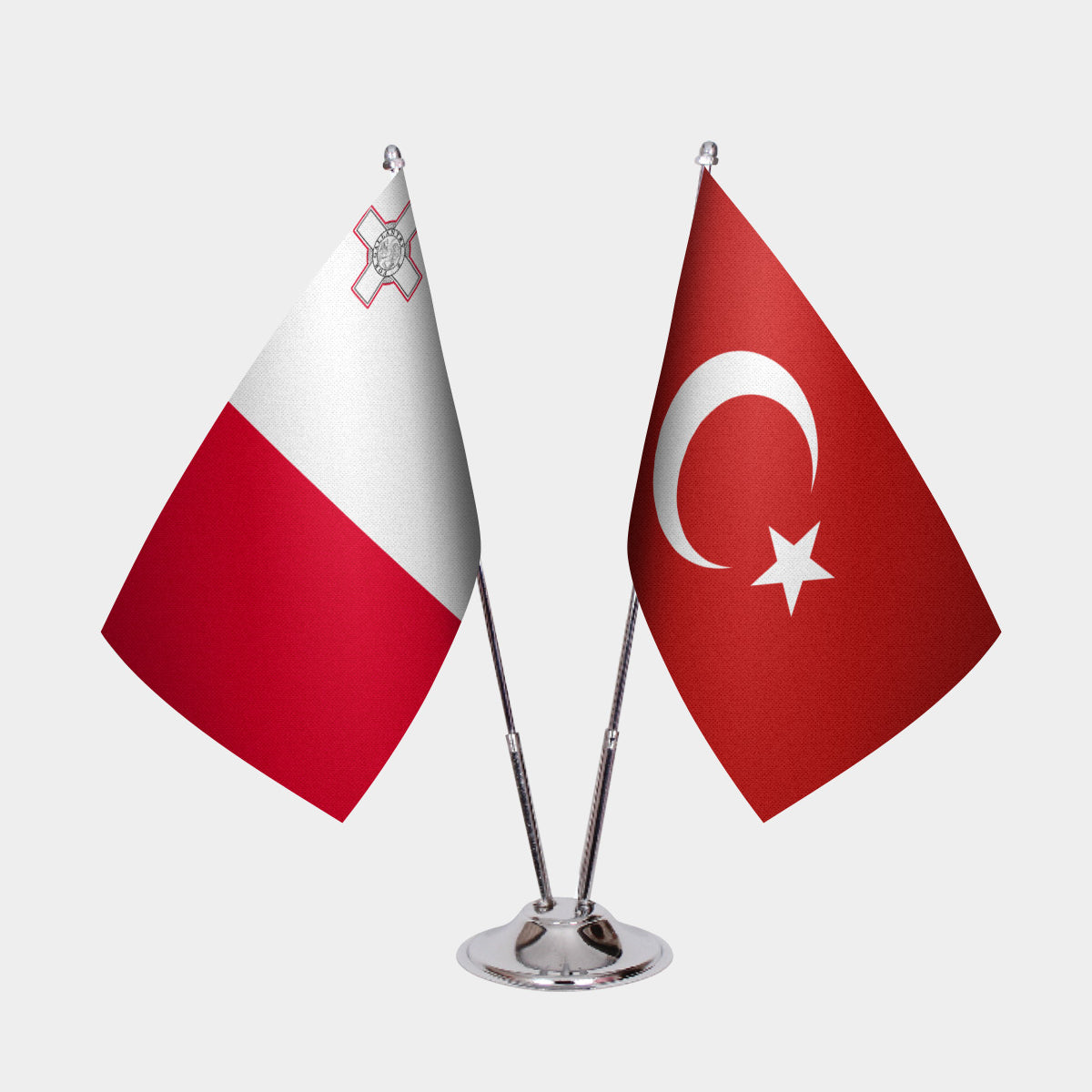 Malta and Turkey desk flag set with chrome pole and base
