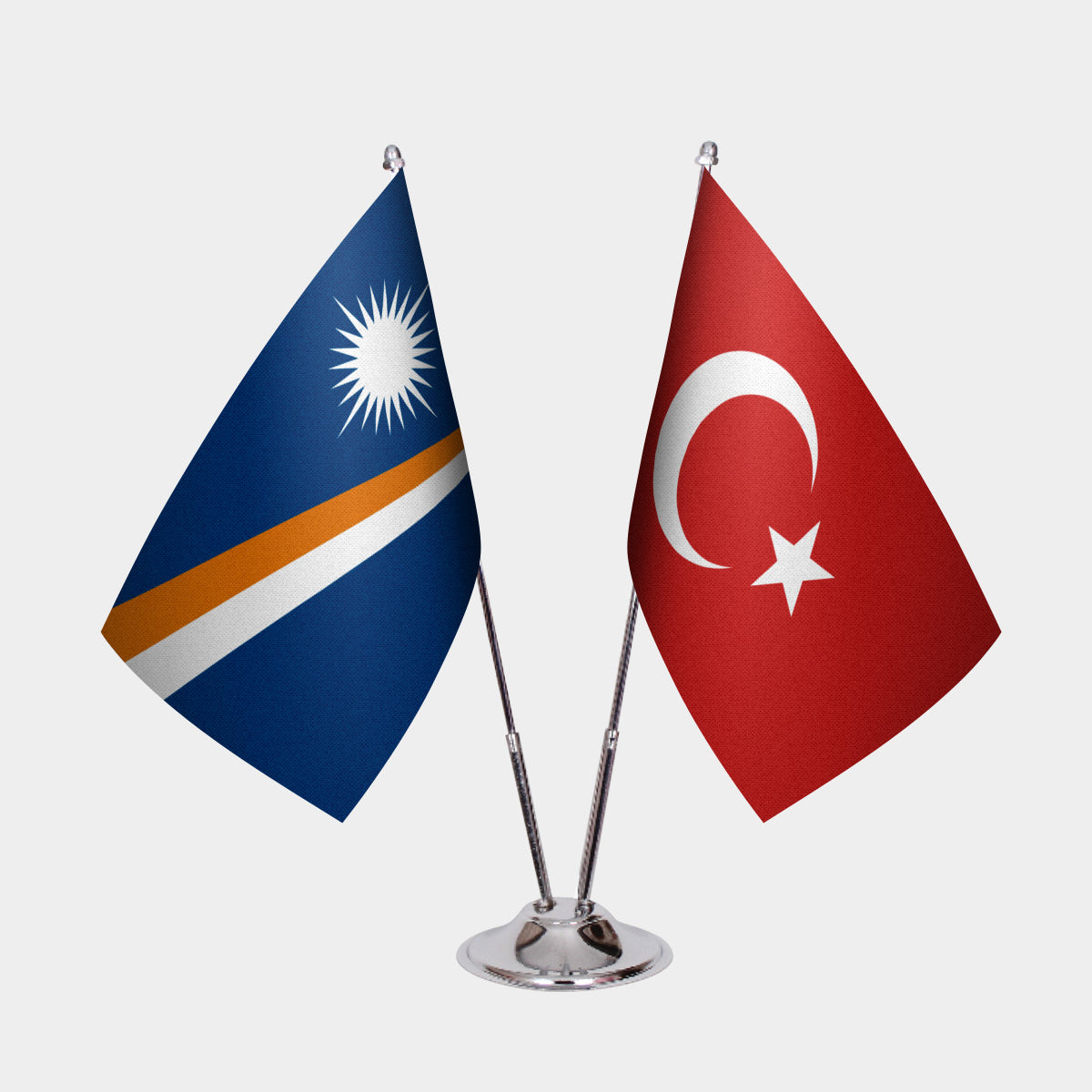 Marshall Islands and Turkey desk flag set with chrome pole and base