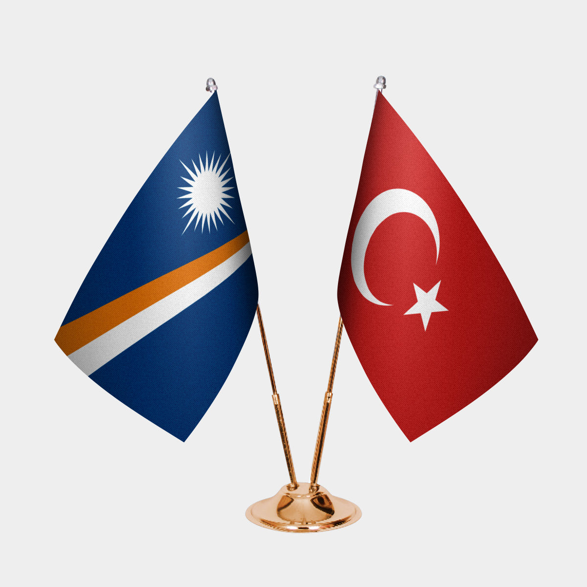 Marshall Islands and Turkey desk flag set with gold pole and base