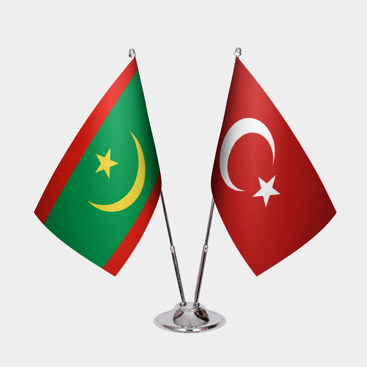 Mauritania and Turkey desk flag set with chrome pole and base