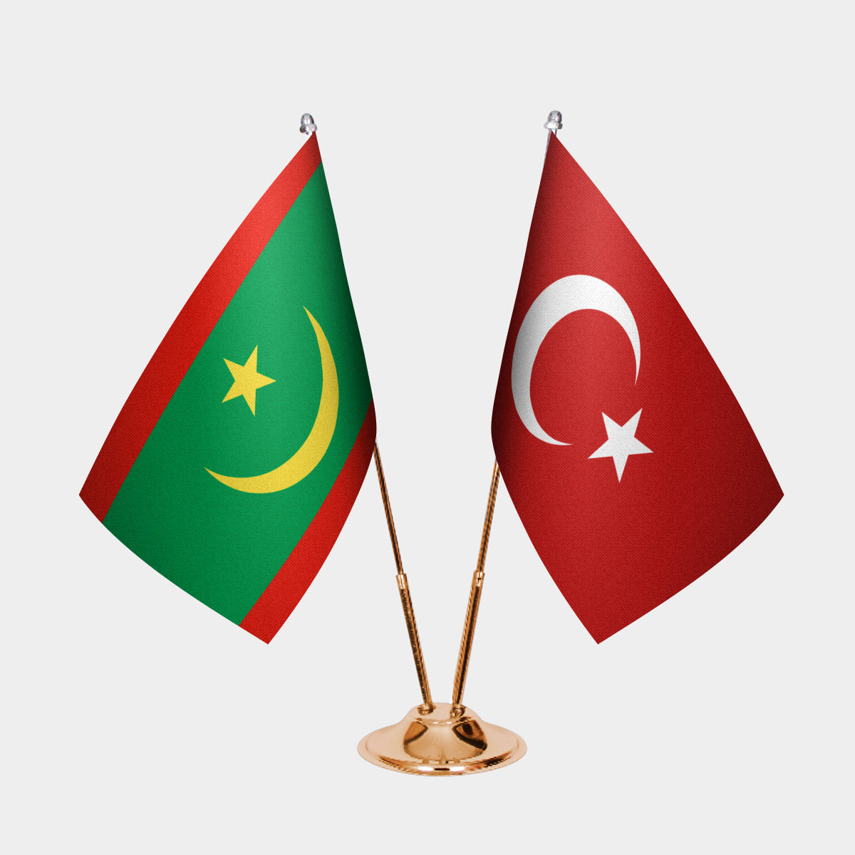 Mauritania and Turkey desk flag set with gold pole and base