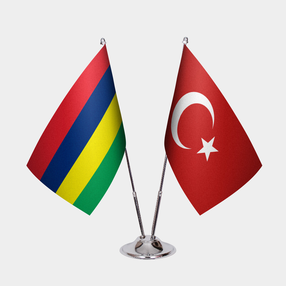 Mauritius and Turkey desk flag set with chrome pole and base