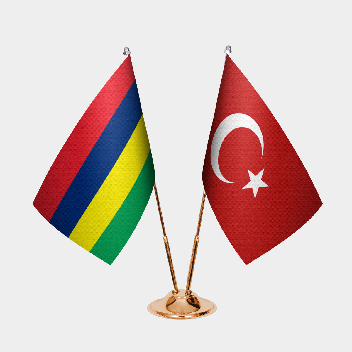 Mauritius and Turkey desk flag set with gold pole and base