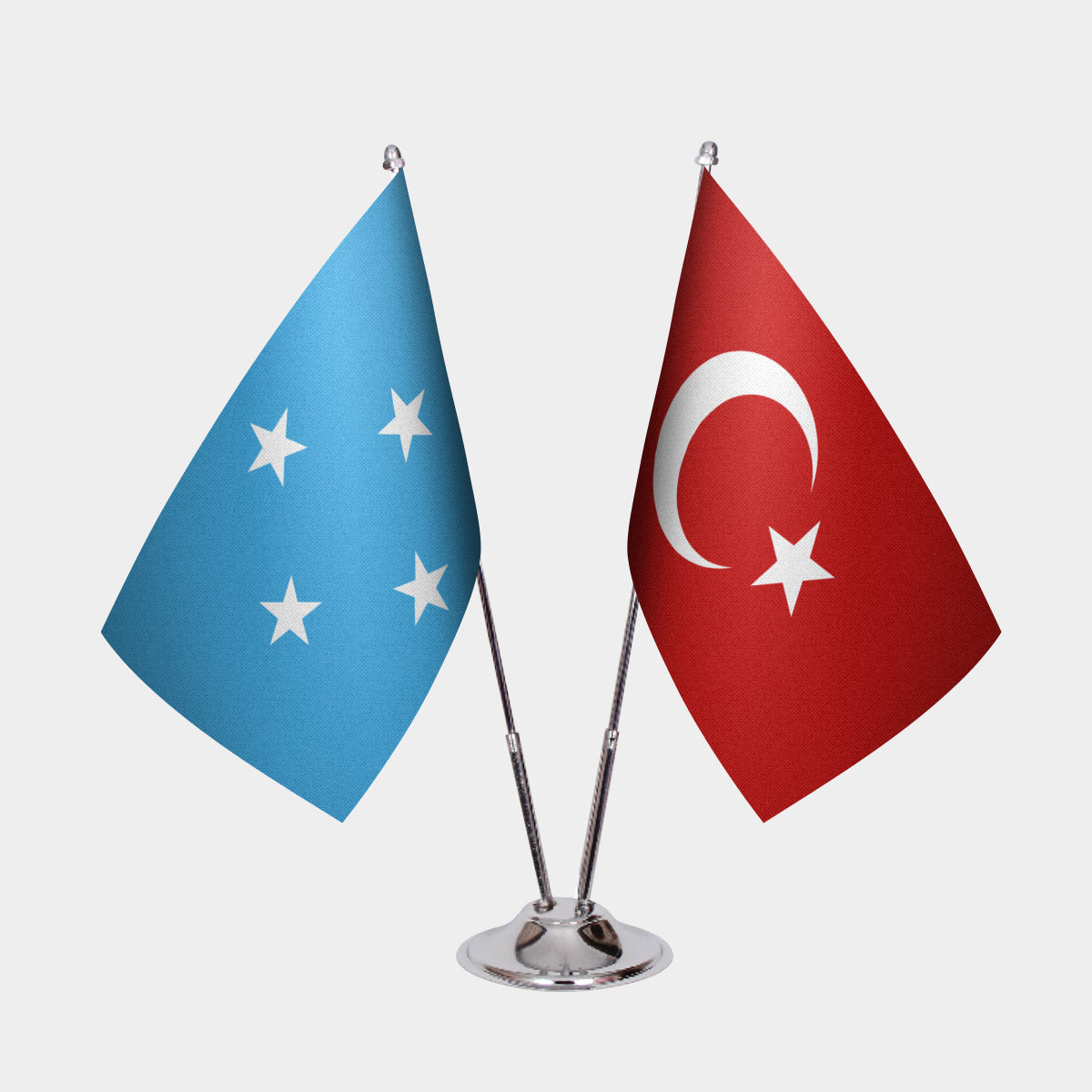 Micronesia and Turkey desk flag set with chrome pole and base