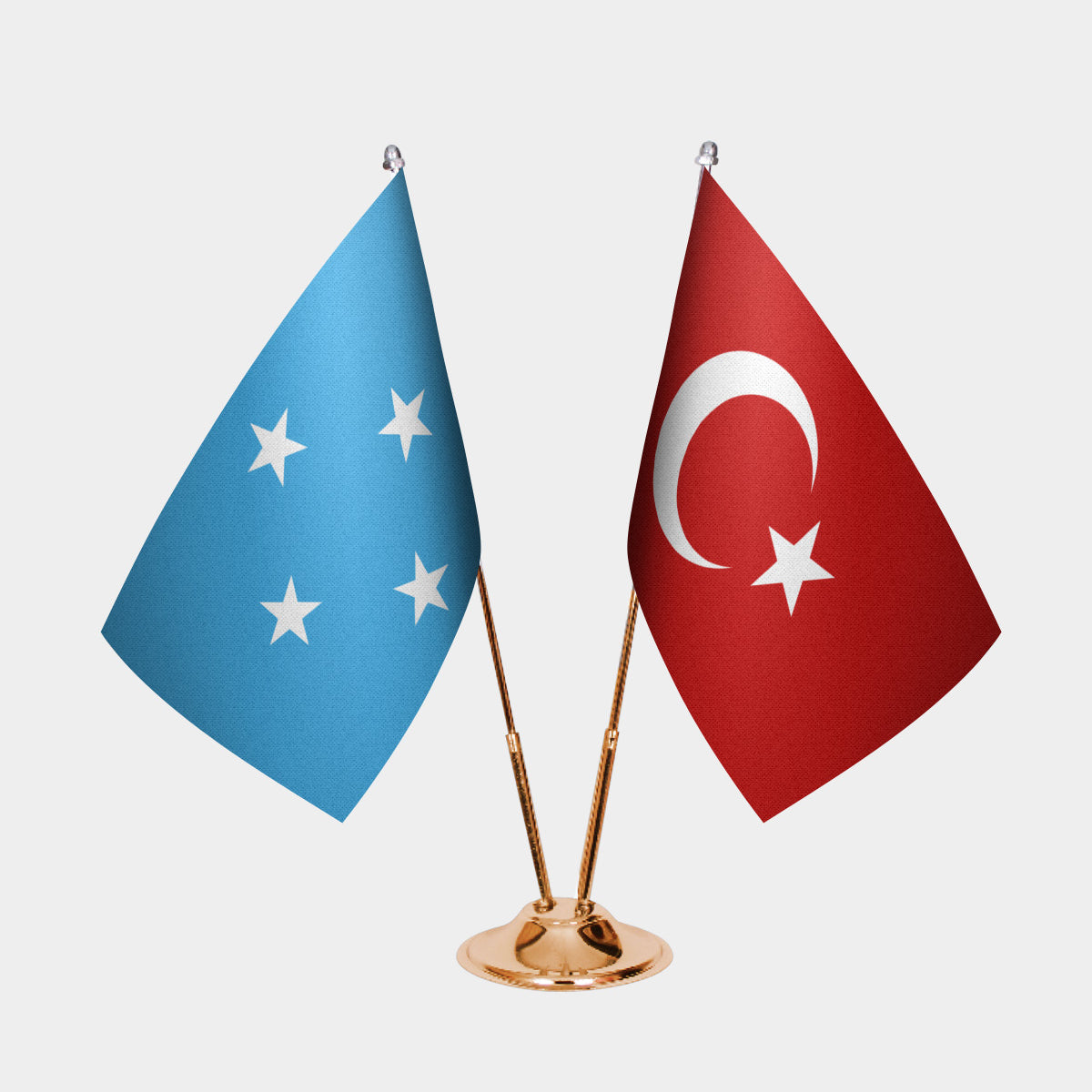 Micronesia and Turkey desk flag set with gold pole and base