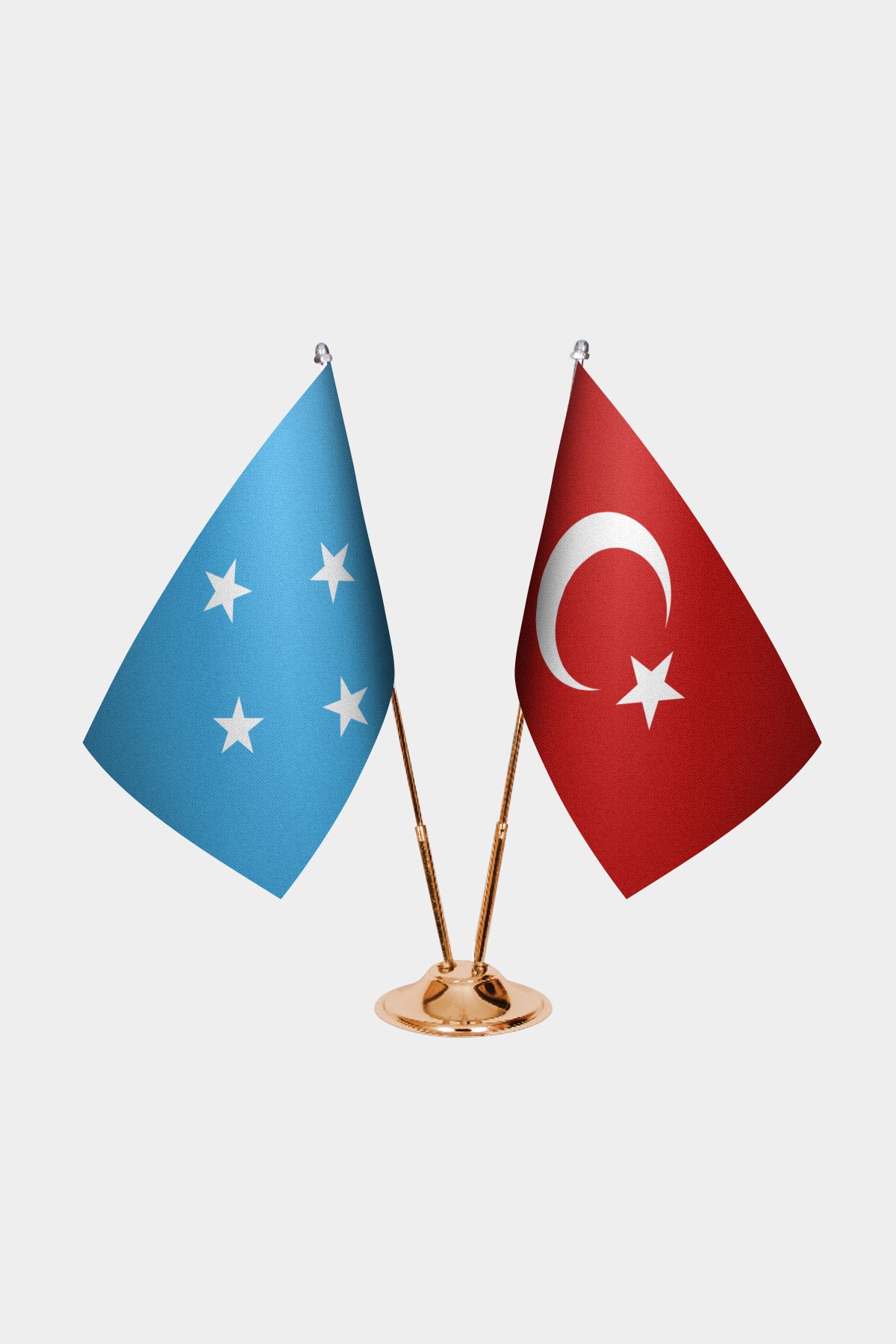 Micronesia and Turkey desk flag set with gold pole and base