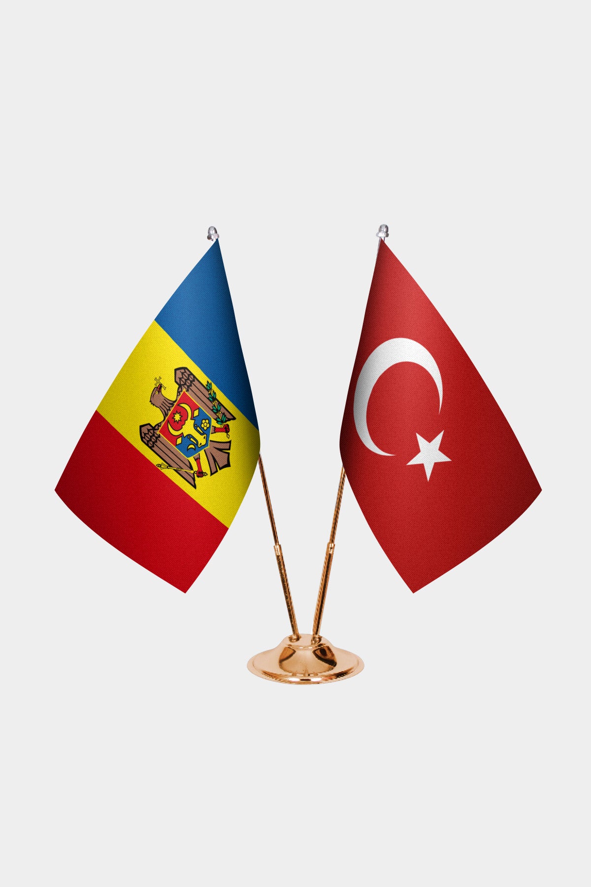 Moldova and Turkey desk flag set with gold pole and base