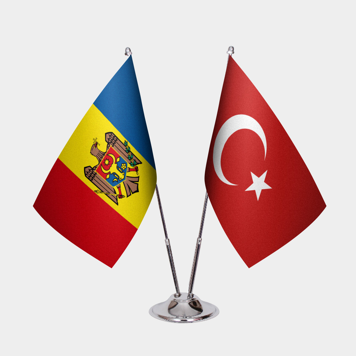 Moldova and Turkey desk flag set with chrome pole and base