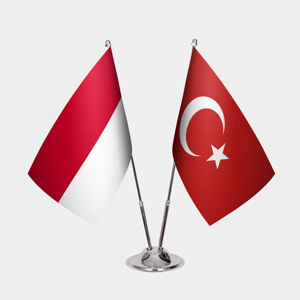 Monaco and Turkey desk flag set with chrome pole and base