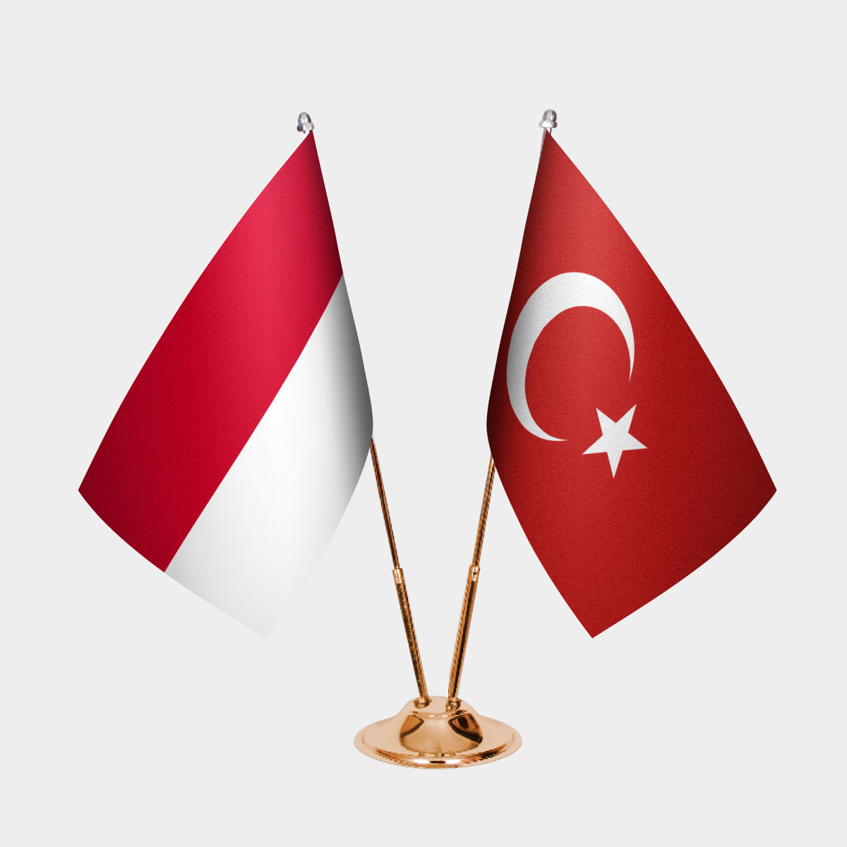Monaco and Turkey desk flag set with gold pole and base