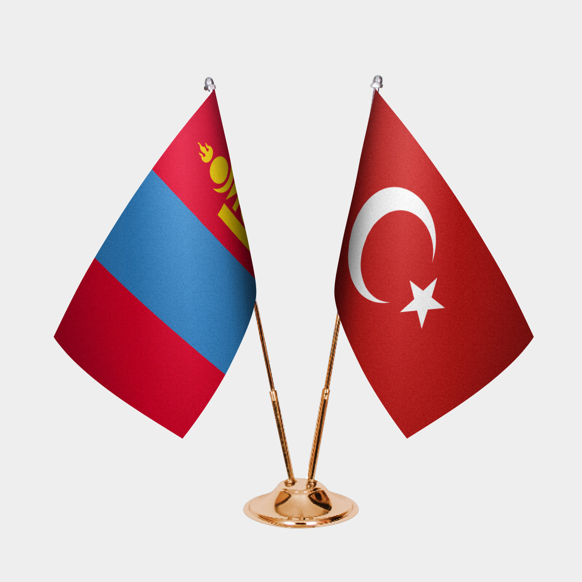Mongolia and Turkey desk flag set with gold pole and base