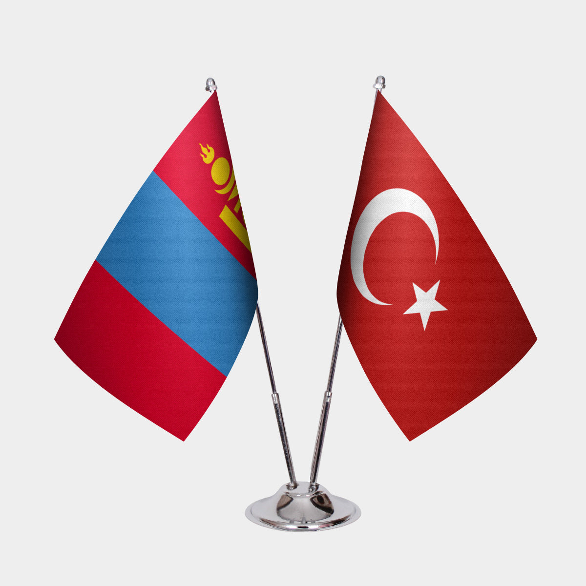 Mongolia and Turkey desk flag set with chrome pole and base