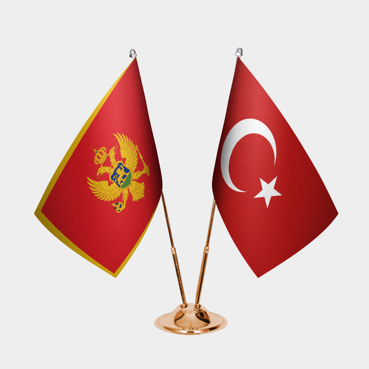 Montenegro and Turkey desk flag set with gold pole and base