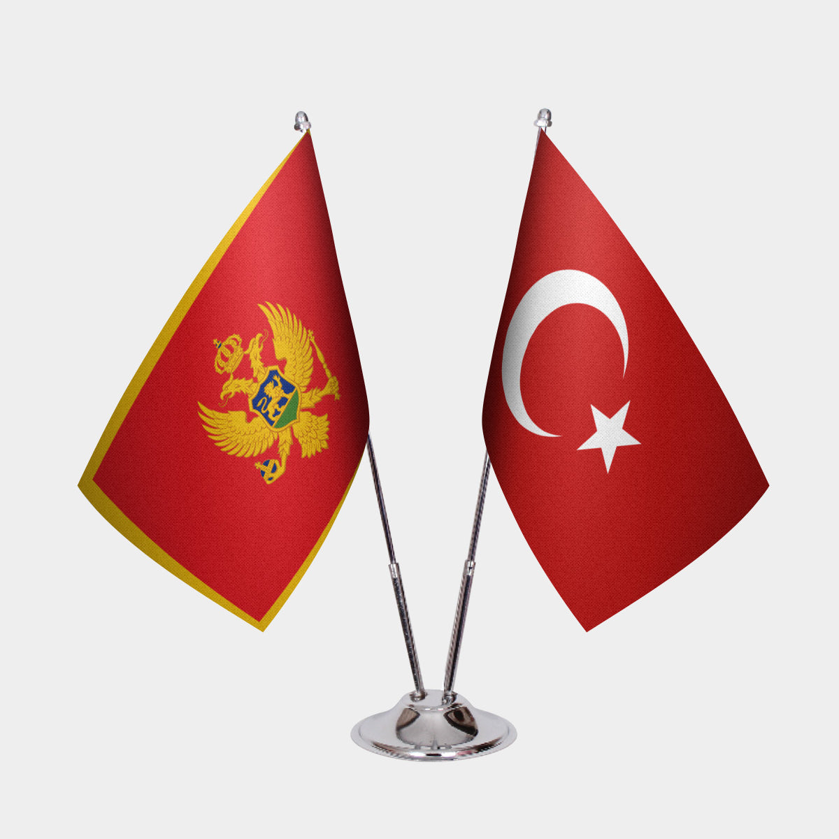 Montenegro and Turkey desk flag set with chrome pole and base