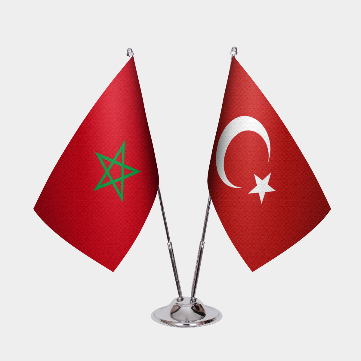 Morocco and Turkey desk flag set with chrome pole and base