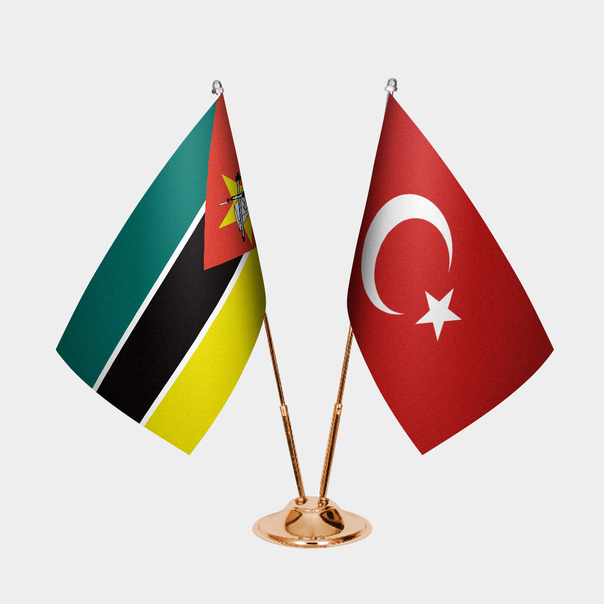 Mozambique and Turkey desk flag set with gold pole and base