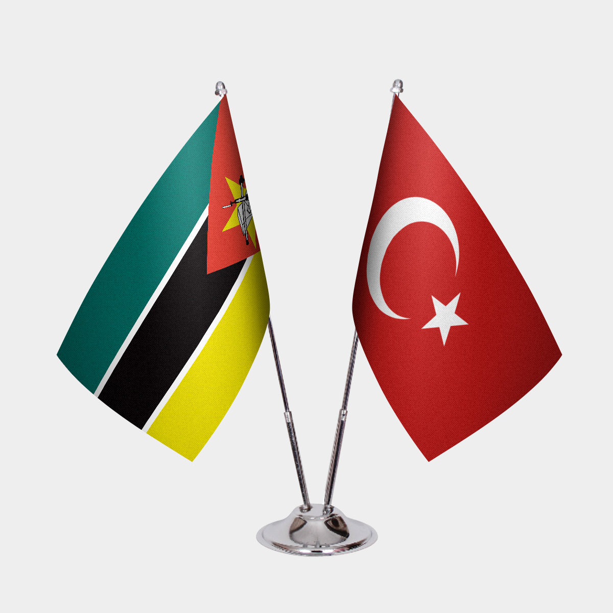 Mozambique and Turkey desk flag set with chrome pole and base