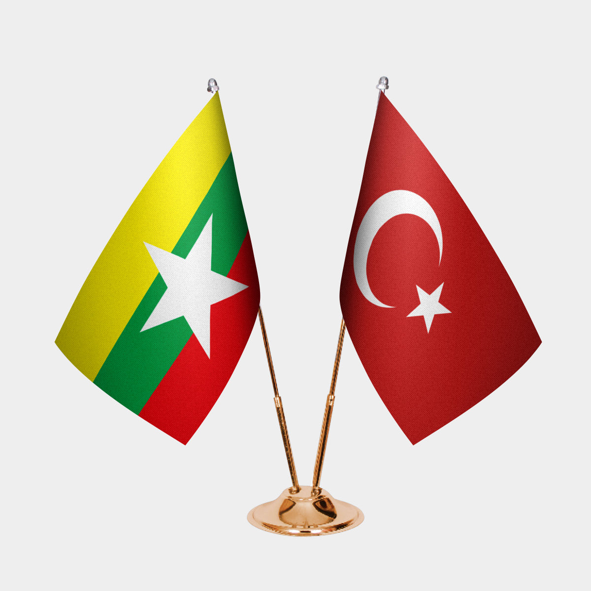 Myanmar (Burma) and Turkey desk flag set with gold pole and base