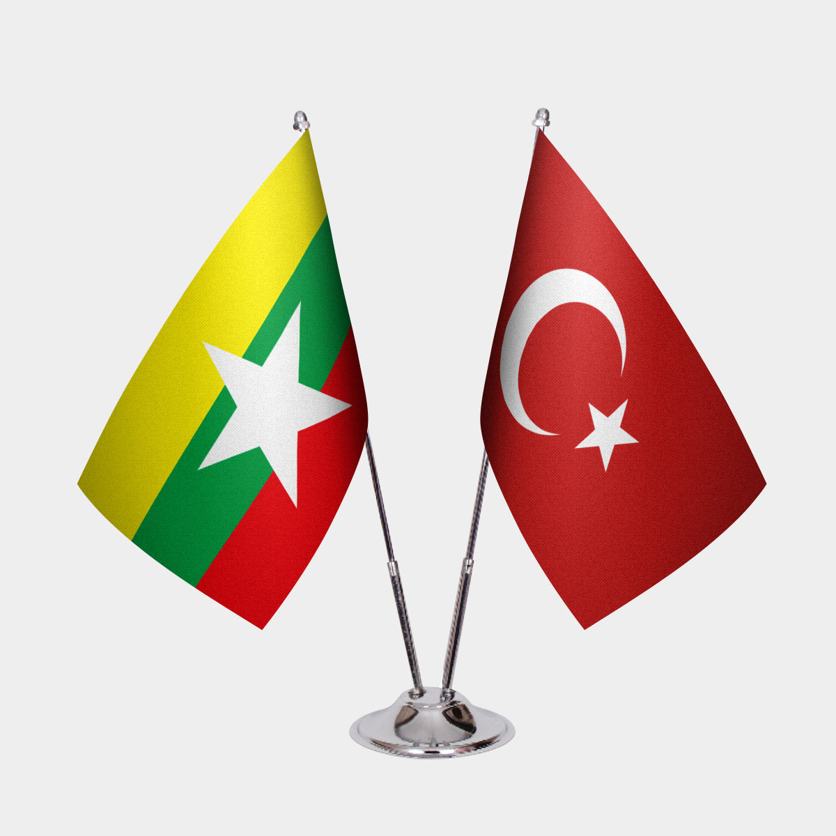 Myanmar (Burma) and Turkey desk flag set with chrome pole and base