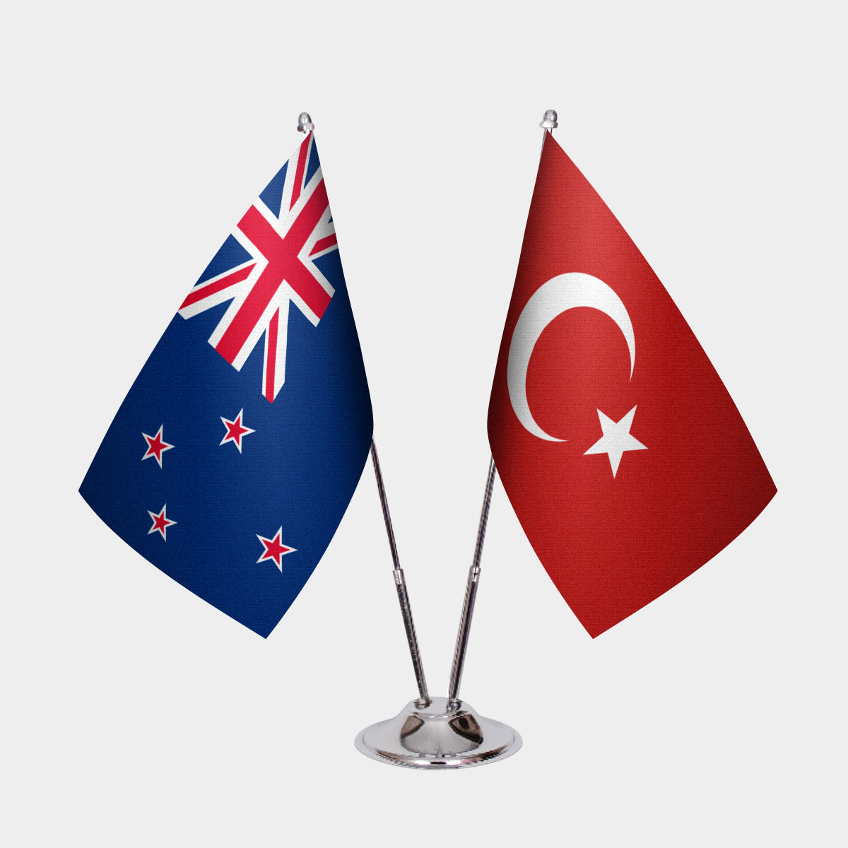 New Zealand and Turkey desk flag set with chrome pole and base