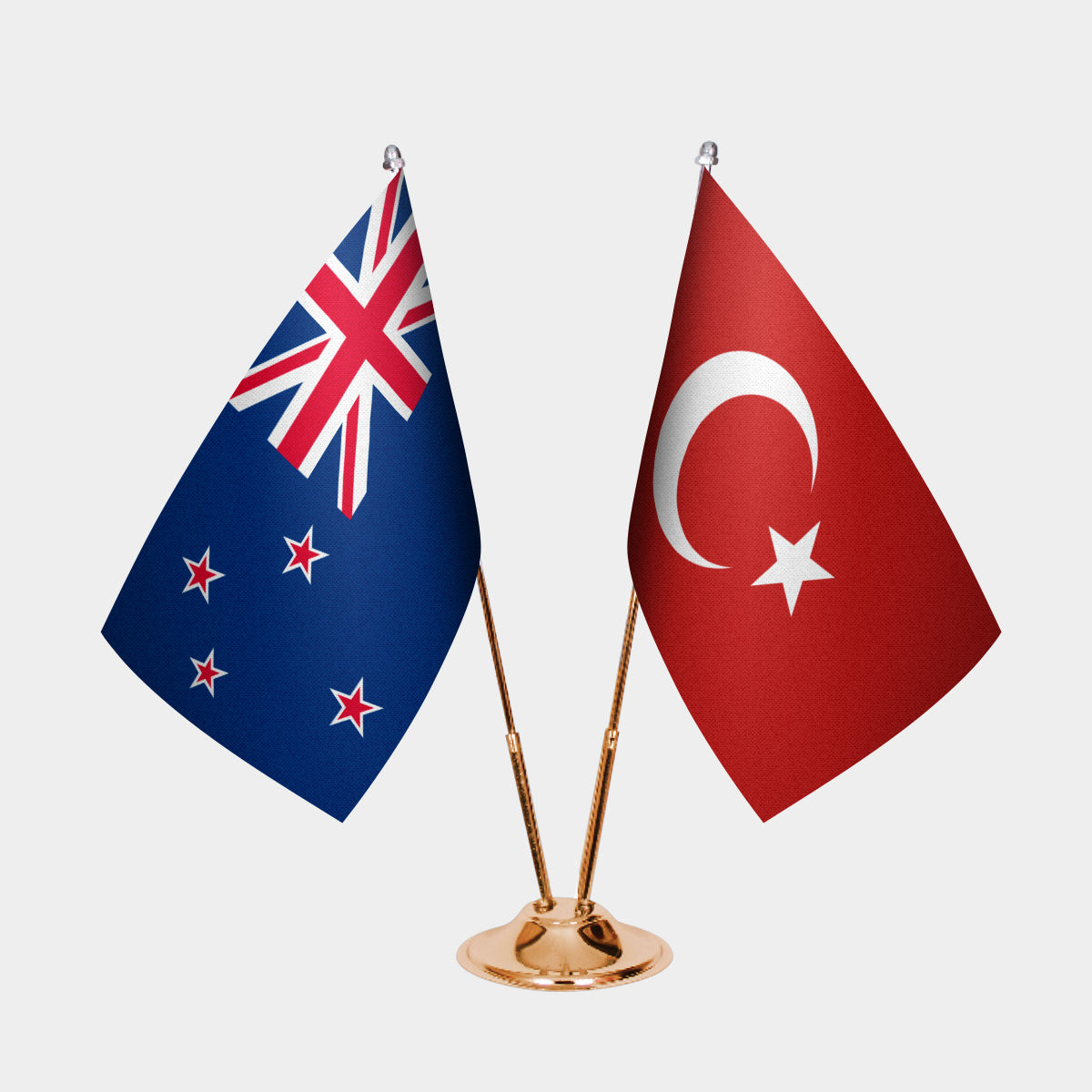 New Zealand and Turkey desk flag set with gold pole and base