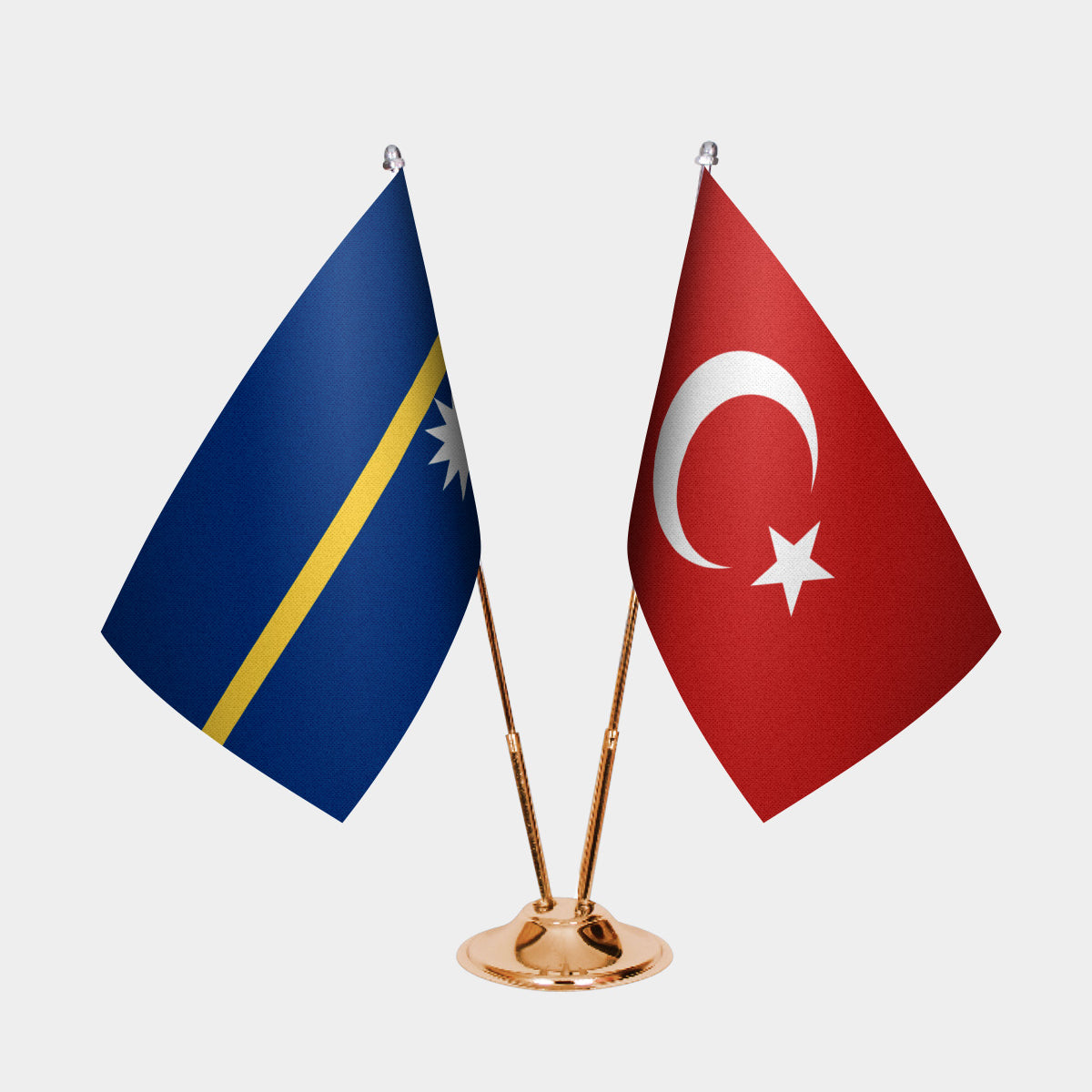 Nauru and Turkey desk flag set with gold pole and base